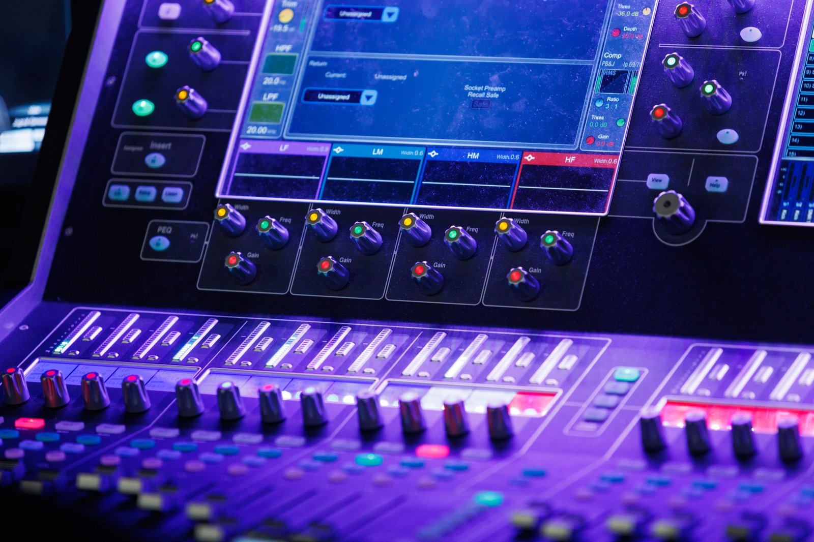 Illuminated controls on the church audio console