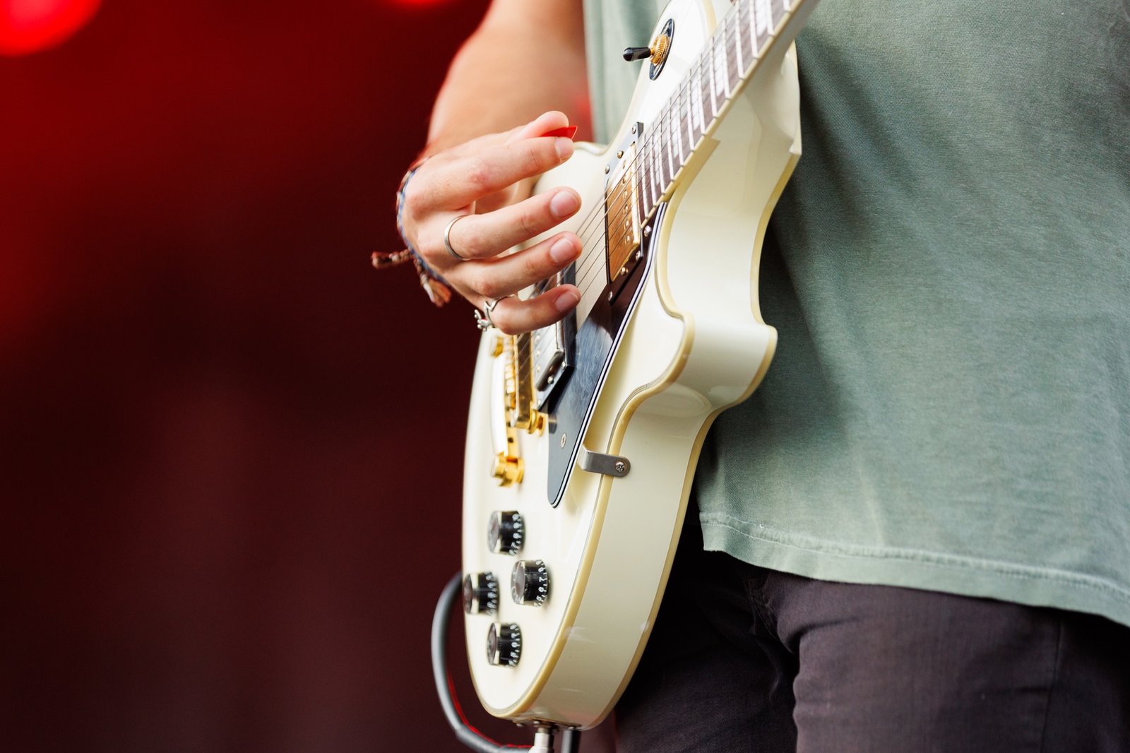 A close view of a musician playing an electric guitar