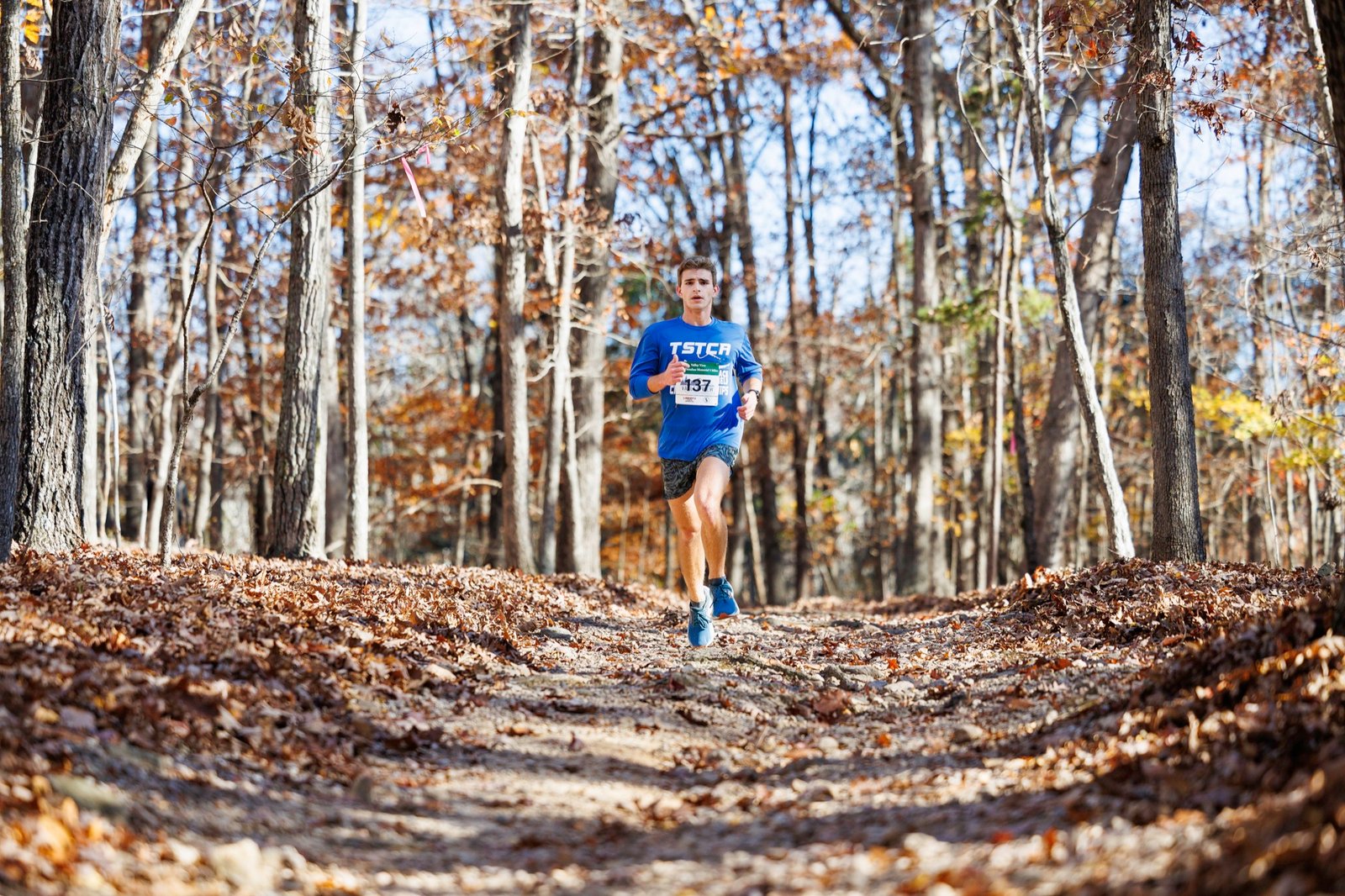 A cross-country runner moves along a wooded trail
